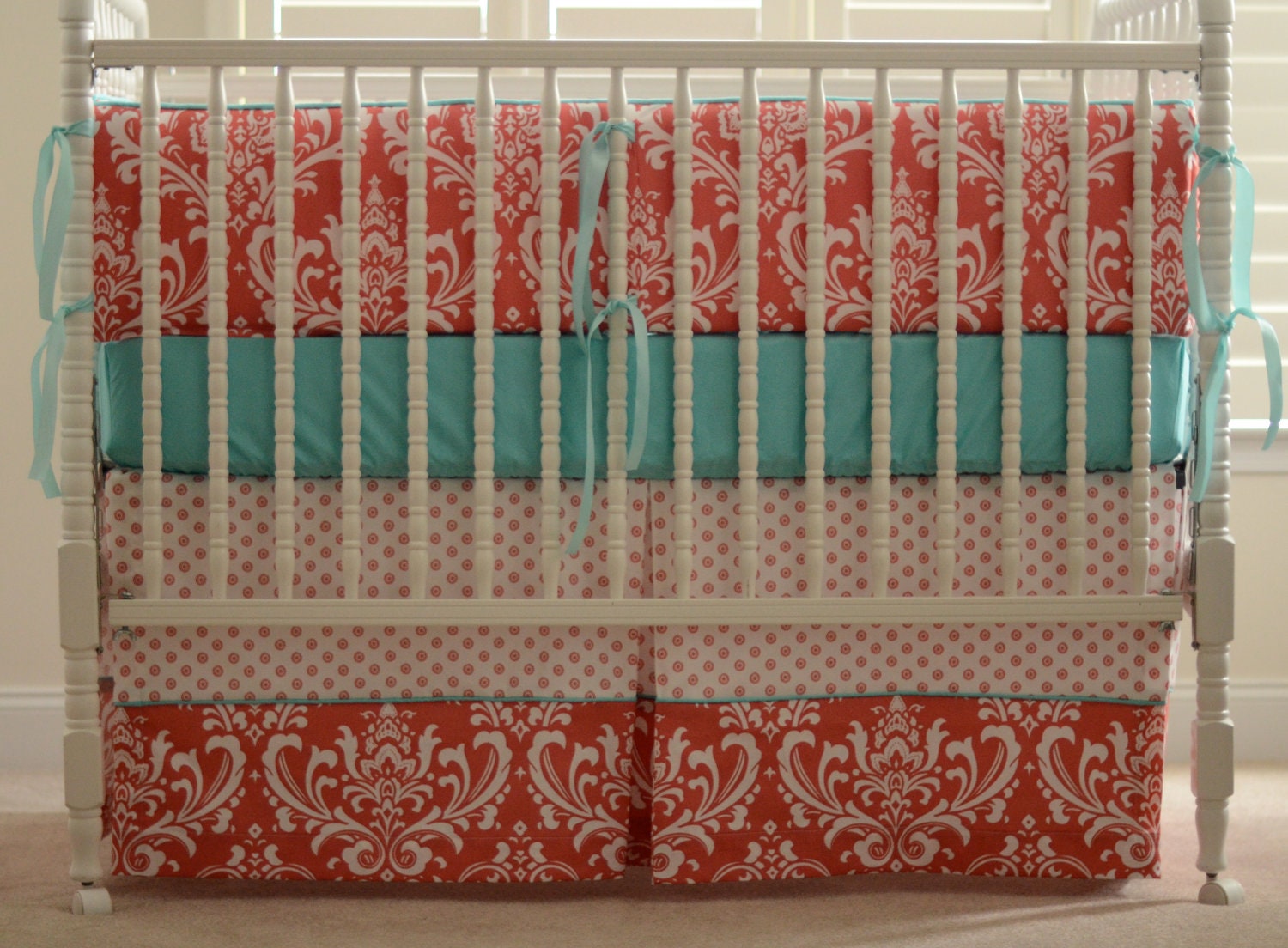 Crib bumper, Crib skirt with extra fabric panel and piping and crib sheet