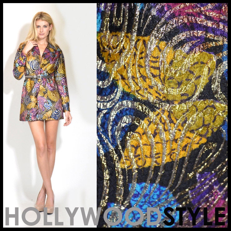 Vintage 60s MOD Space age Metallic Gold BROCADE cocktail Holiday party womens mini dress