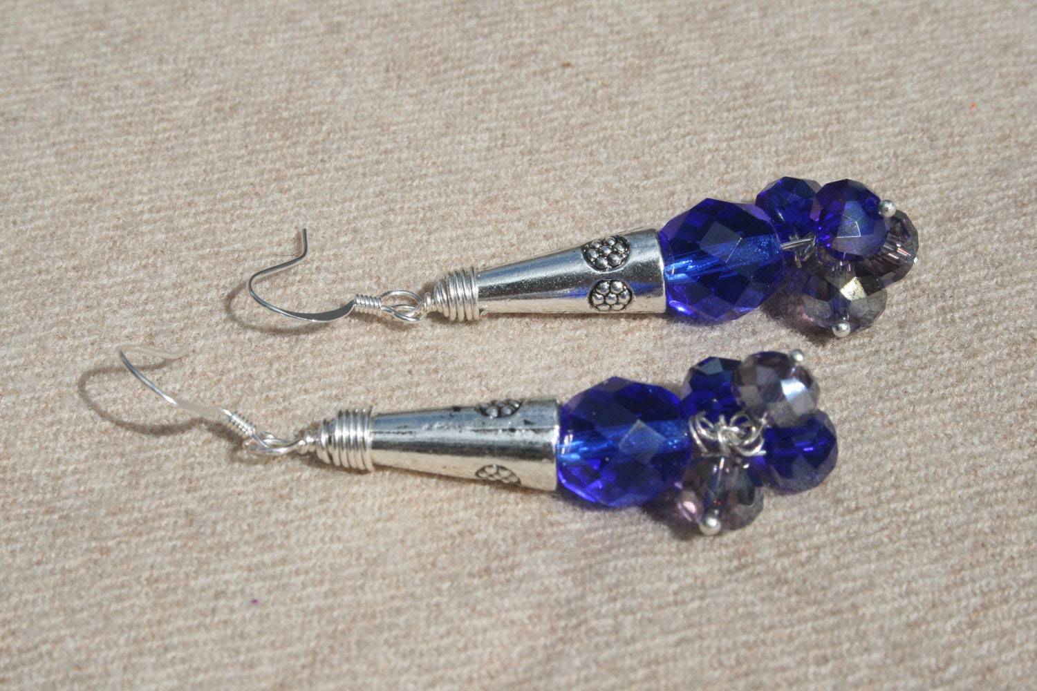 Cobalt blue and lilac crystal silver chandelier earrings.