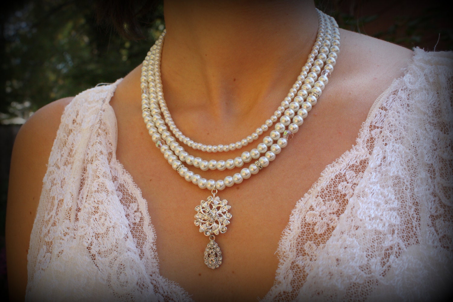 Pearl Necklace-Vintage Necklace-Wedding Jewelry-Bridal Necklace-Rhinestone Pendant-Pearl Backdrop Necklace-Dream Day Designs