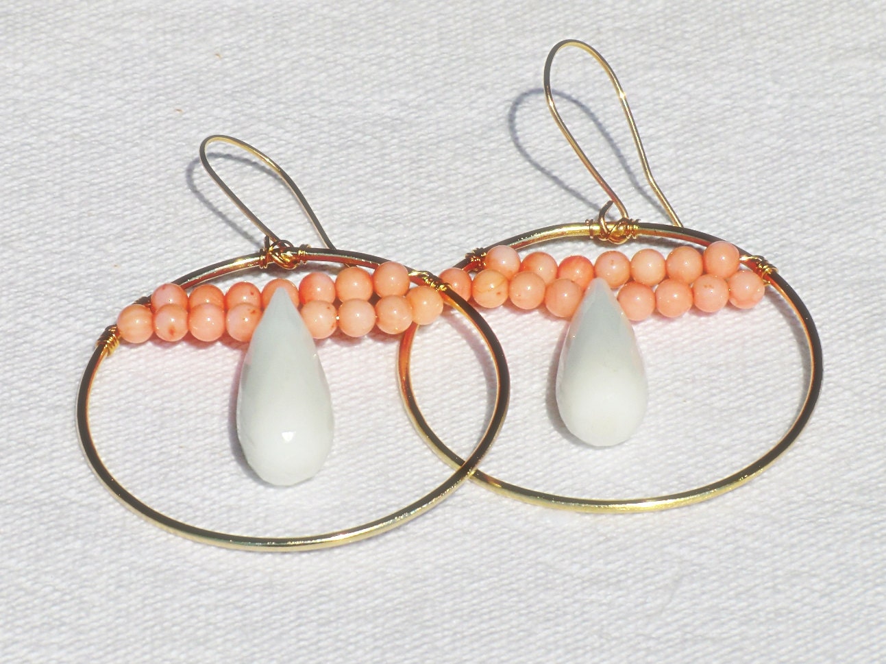Peach coral  hoop earrings, handmade ooak, hoop earrings, peach coral beads, white jade teardrops.