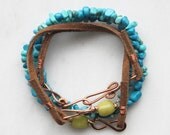 Handmade Beadwork Leather Wrap Bracelet, Blue Turquoise & Green Jade with Copper, Bohemian Bracelet, Bohemian Jewelry, Handmade Jewelry
