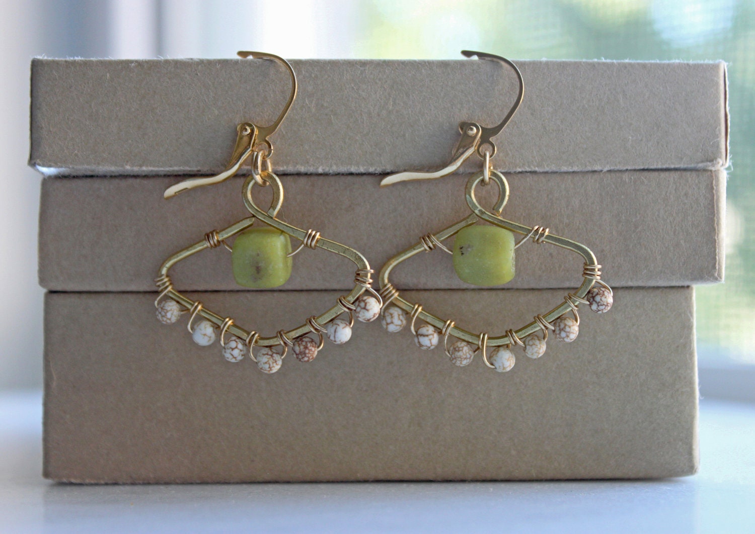 Wire Wrapped Jewelry, Handmade Earrings, Green Jade Earrings, Bead Dangle Drop Hoop Earrings, Modern Brass Jewelry, Bohemian Jewelry