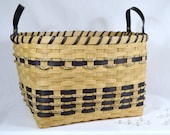 Handwoven Reed or Wicker Storage Basket with Black Accent, Seagrass, and Leather Handles