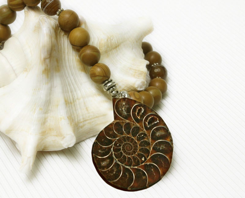 Ammonite Fossil Pendant, Yellow Jasper and Brown Gold Banded Agate Beads... - iyildiz