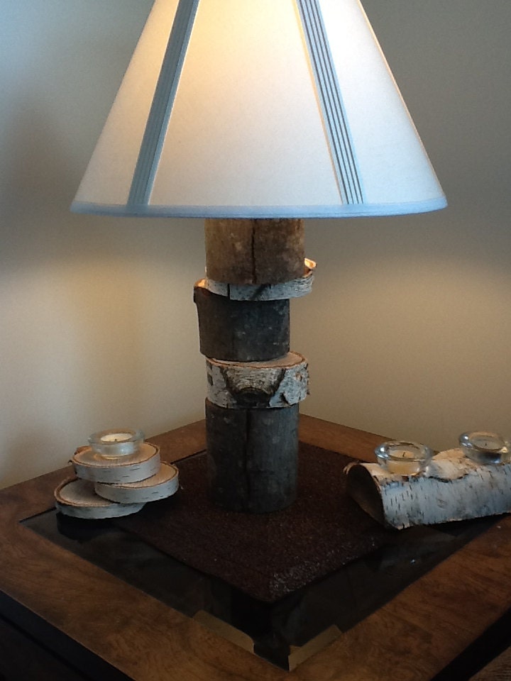 Rustic Wood Custom Birch and Maple Table Lamp Cabin Decor Natural Tree Branch Log