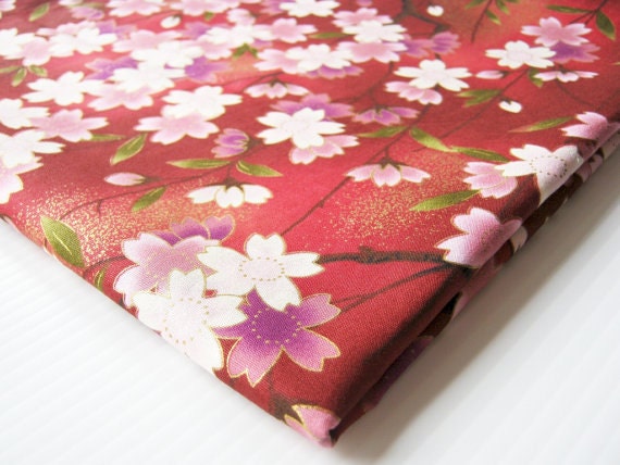 Japanese Kimono Cotton Fabric Red Pink White Purple Fabulous Sakura, 40inch spring, women,gift for her
