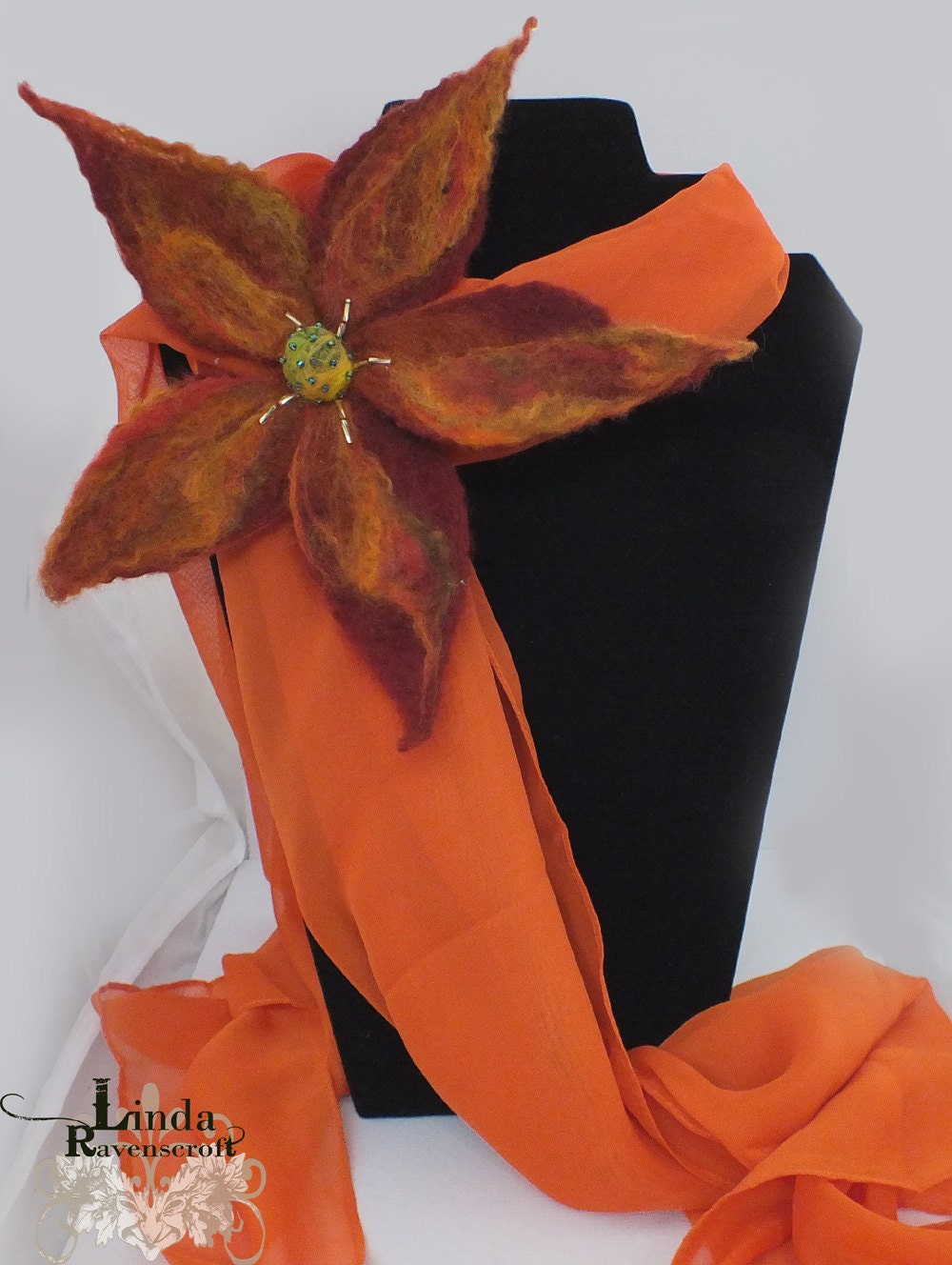 OOAK FELTED FLOWER "Autumn" hand made felted flower and orange chiffon scarf