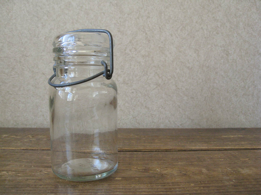 Half pint glass canning jar with lid and wire bail