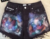 Galaxy High Waisted Waist Stars Universe Shorts Vintage Black Hand Painted Custom Fringe