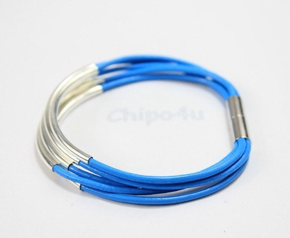 Bright blue bracelet, silver tubes, silver magnetic clasp
