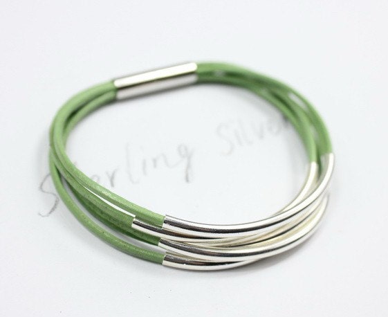 Sterling silver tubes bracelet, light green leather bracelet, silver plated magnetic clasp