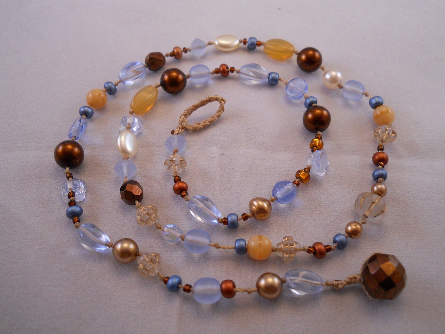 Beautiful beaded necklace, Blue and Bronze boho, cottage chic single strand necklace