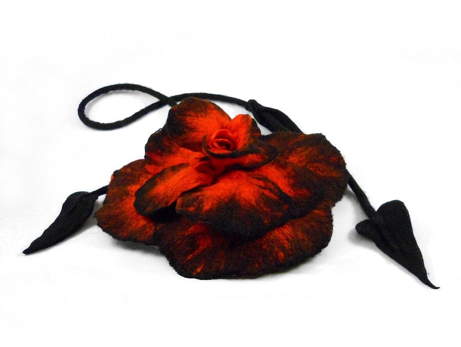 Felted Bag Rose Handbag Rose Purse Felt Nunofelt Nuno felt Silk Eco handmade red rose fairy floral fantasy shoulder bag Fiber Art boho
