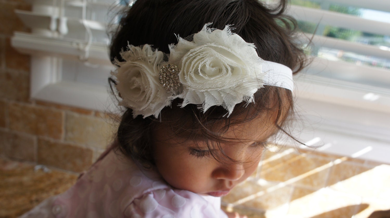 Ivory Color Shabby Chiffon Fabric Flower Headband, Girl Headband, Baby Girl Headband, Infant Girl Headband, Newborn Girl Headband