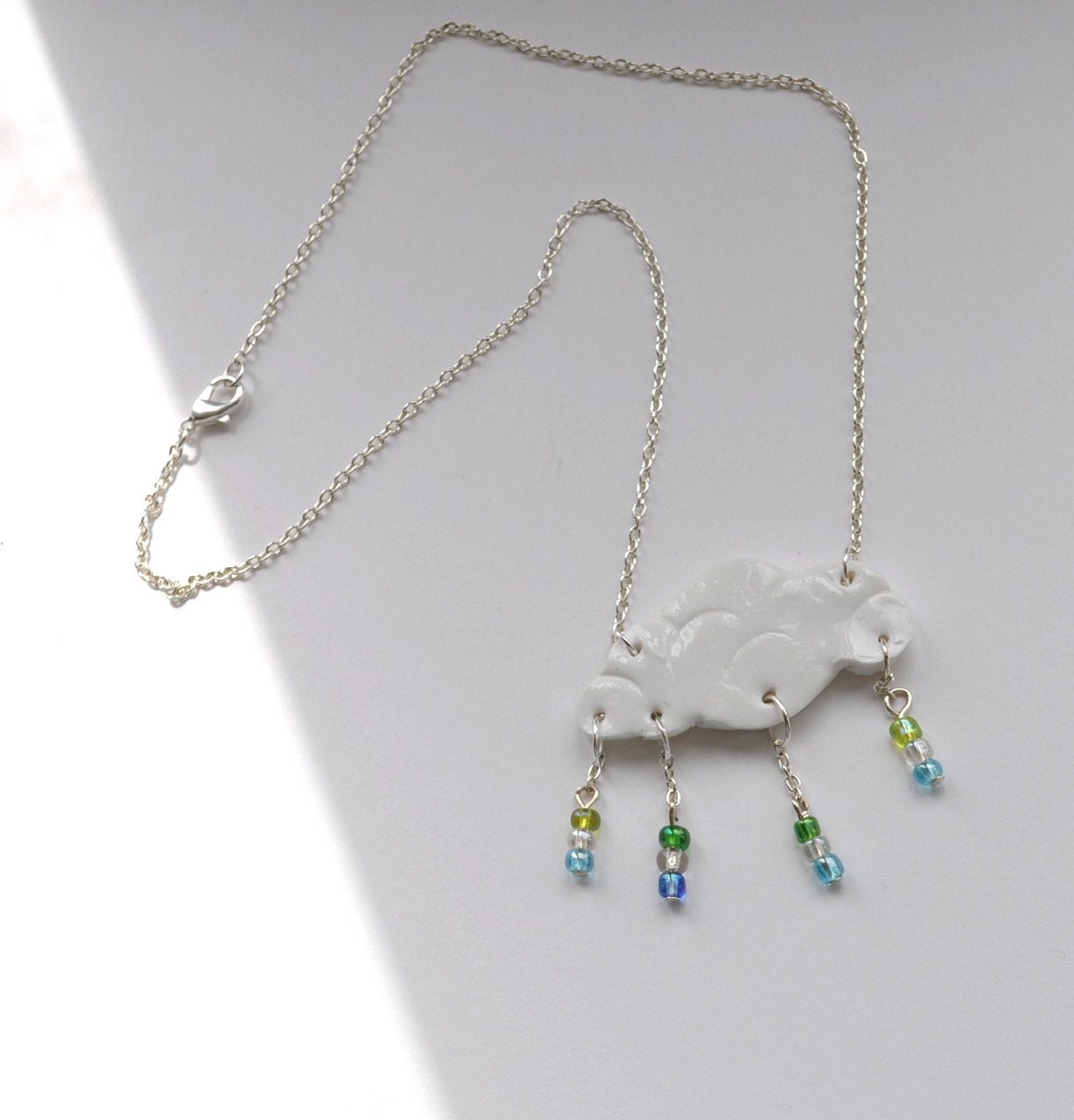 Cloud Polymer Clay Necklace with Czech Glass beads on silver plated chain Handmade New Unique