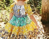 Mustard Teal Twirl Dress Gathered Under Bodice - Sizes 4, 5, 6