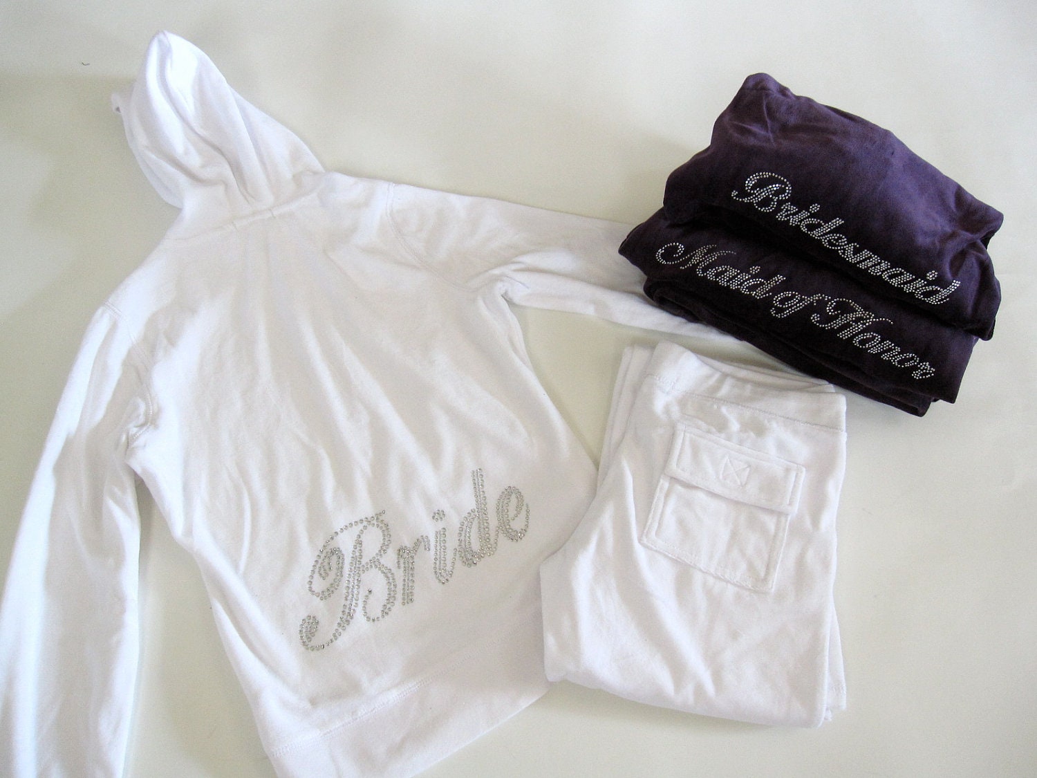 3 Velour Tracksuit Bride Bridesmaid Jacket Pant Set. Matron of Honor, Maid of Honor. White, Black, Purple.