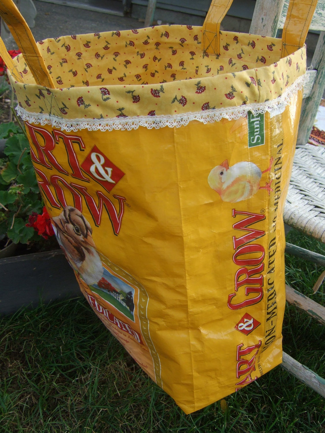 Big Yellow Chick Starter Feed Sack Tote - Upcycled feed bag -