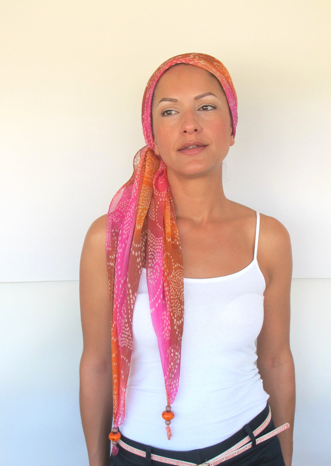 Silk scarf  with color block print, bohemian headband.