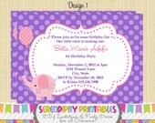 Pink and Purple Elephant Invitation - Use for Birthday, Baby Shower, Birth Announcement