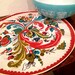 Vintage Textile Oval Table Topper Turquoise Teal Olive Green Salmon Russet Table Linen