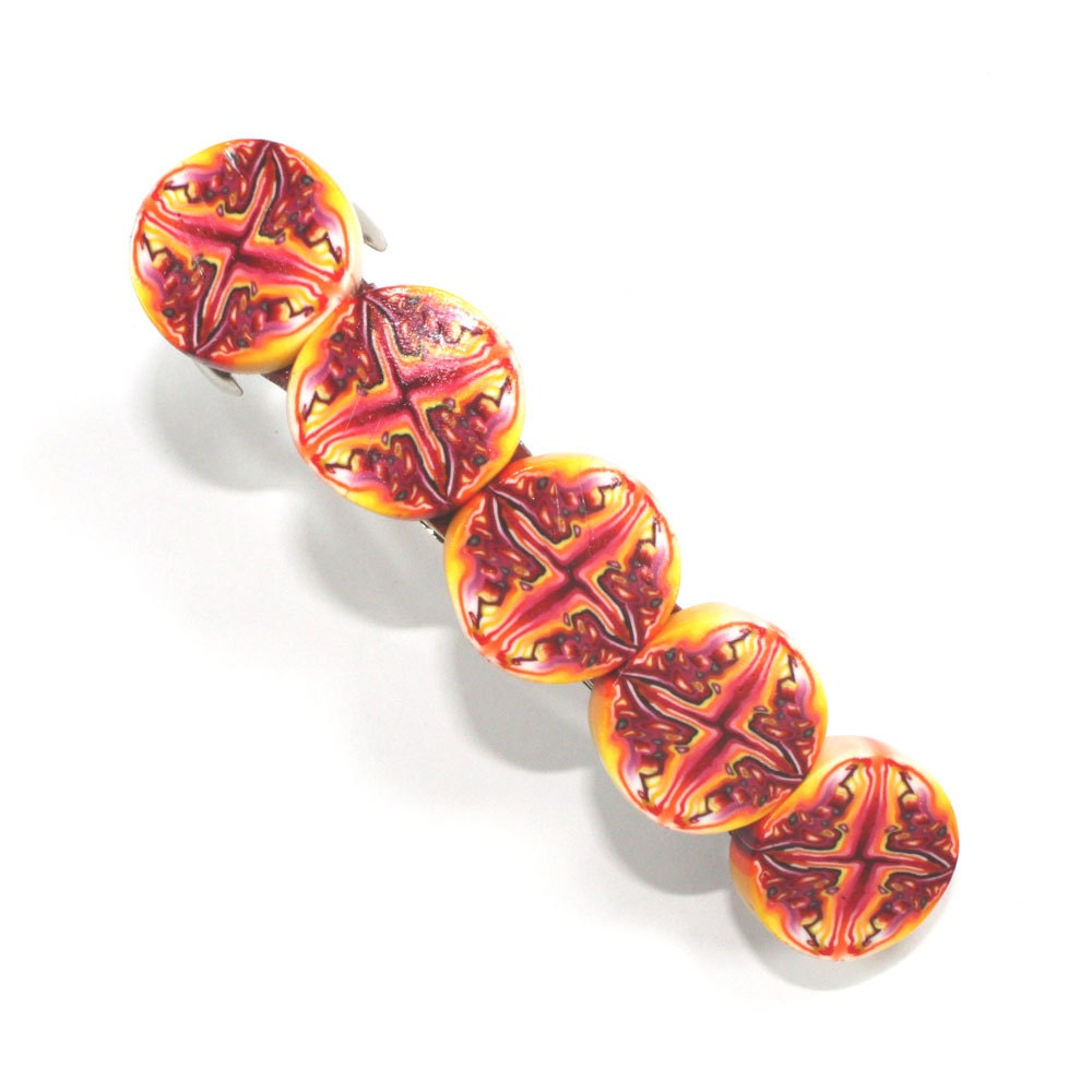 Red, orange and yellow barrette, elegant barrette, polymer clay barrette, unique barrette, hair jewelry for girls and women - ShuliDesigns