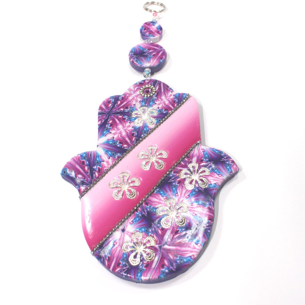 Good fortune Hamsa, Wall decor Hamsa, Polymer clay Hamsa in a rich variety of pink, purple blue and white