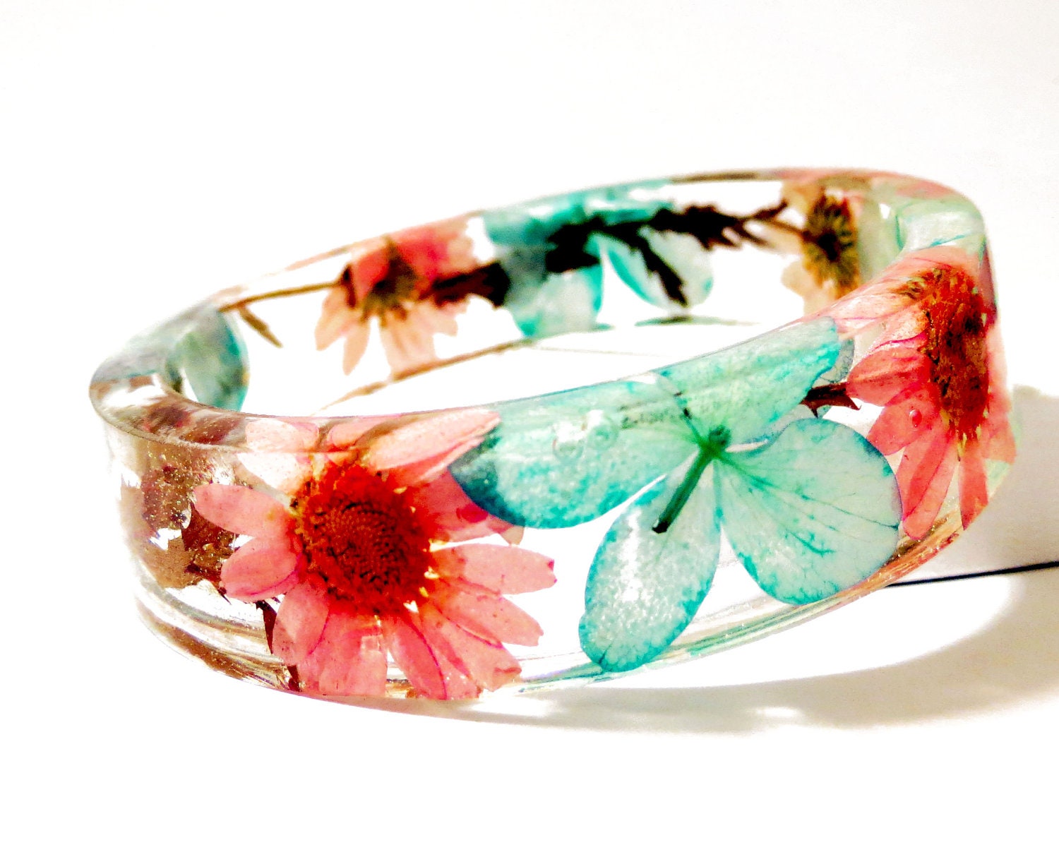 Bangle Bracelet. Turquoise and Pink Real Flower Resin Bangle Bracelet: Cottonwood