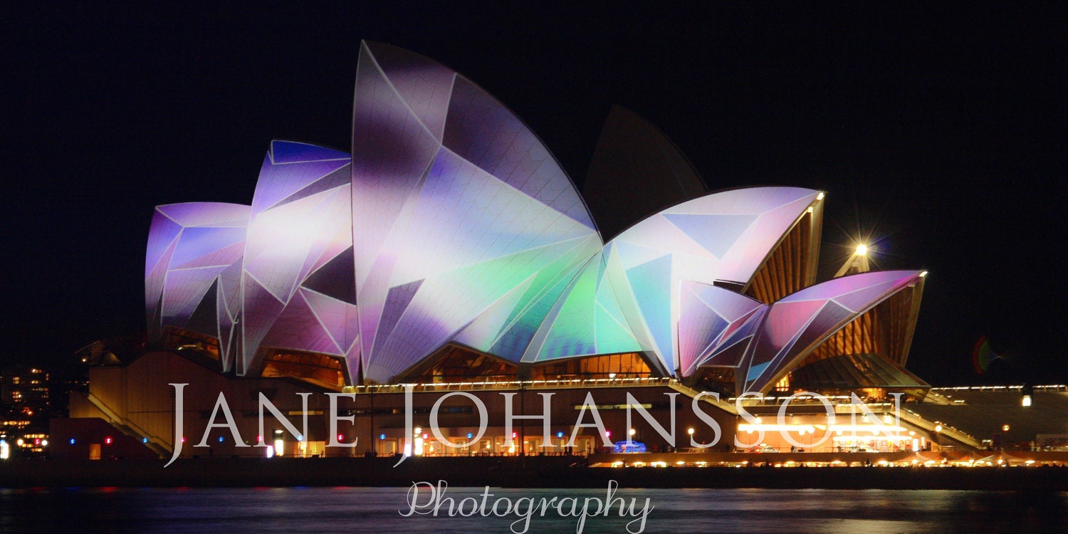 Vivid Sydney 2 - fine art photo, architectural photograph of Sydney Opera House - 5"x10" original panoramic photography print great for Mom.