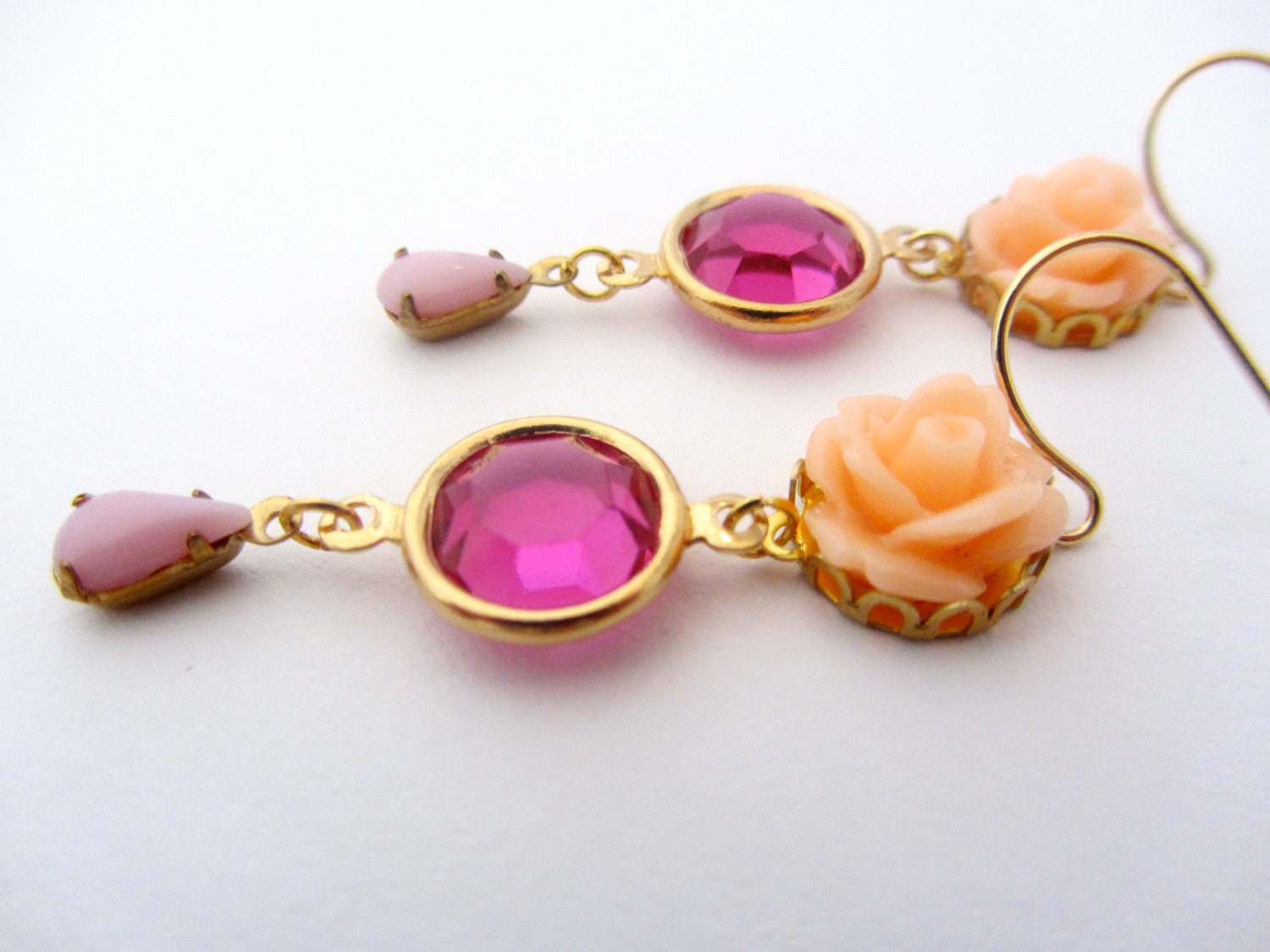 Creamsicle Orange, Fuchsia & Light Pink Petite Rose Dangle Vintage Earrings, Gold Flower Earrings