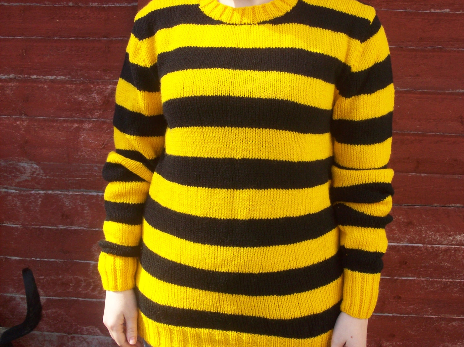Crew Neck Sweater/Jumper Hand knitted - 44/46 inch - Fancy Dress -  Striped  - Yellow Black - Ready to Ship - Acrylic - Odlaw