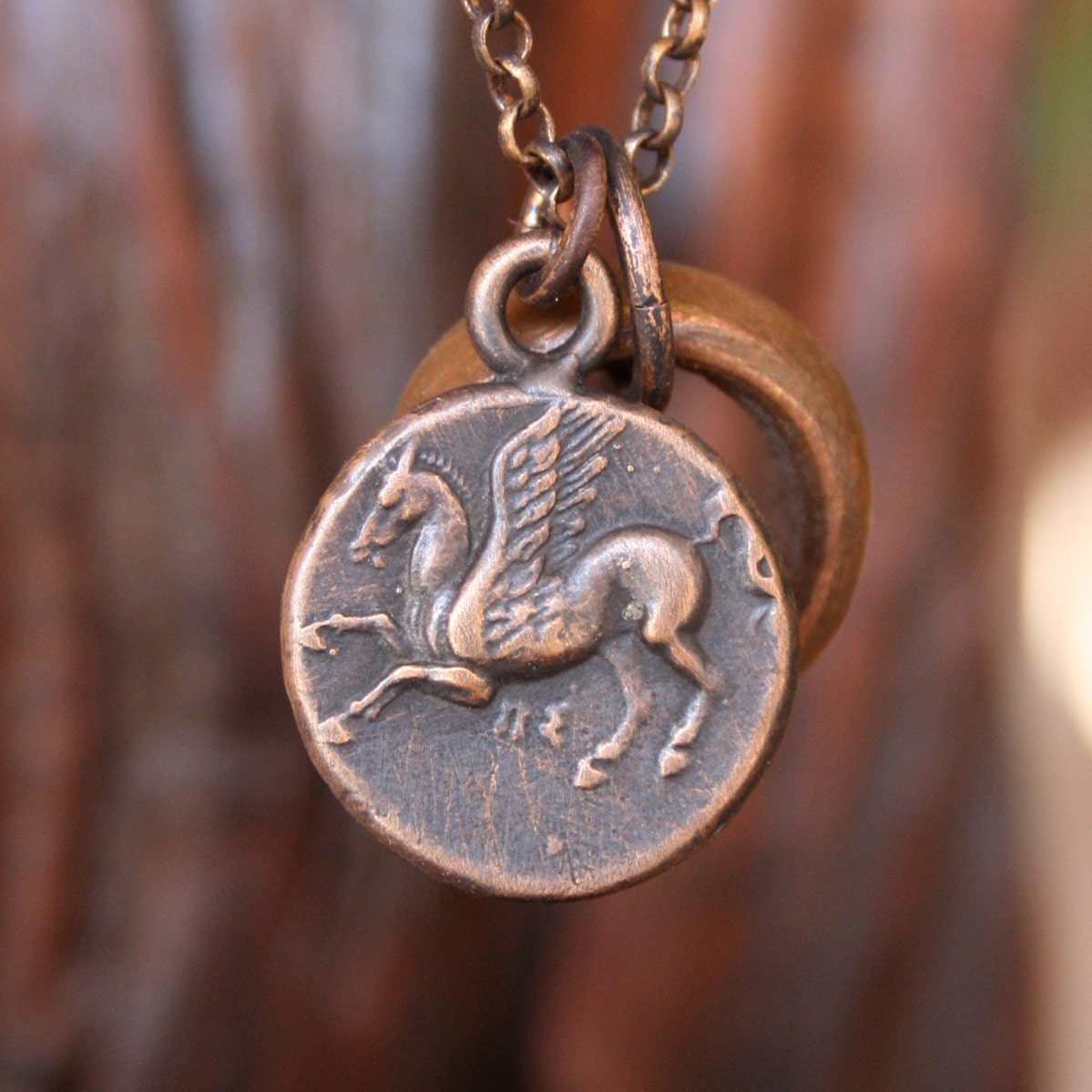 Solid Bronze Pegasus Necklace and Ancient Greek Coin Athena Antique African Copper Ring Rustic Boho Double Sided