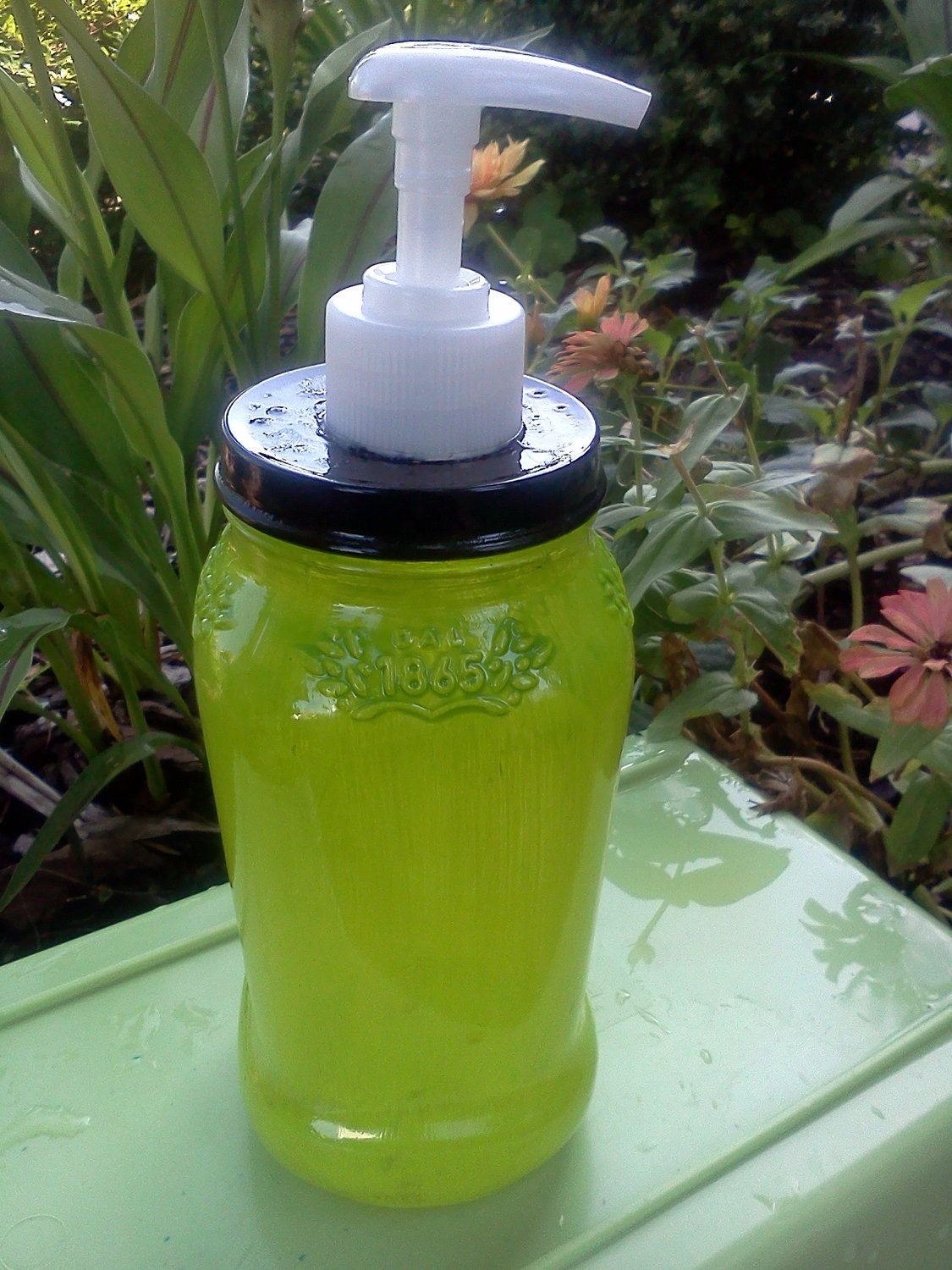 Quart Size Square Mason Jar - Soap Dispenser or Hand Sanitizer - Lime Green and Black