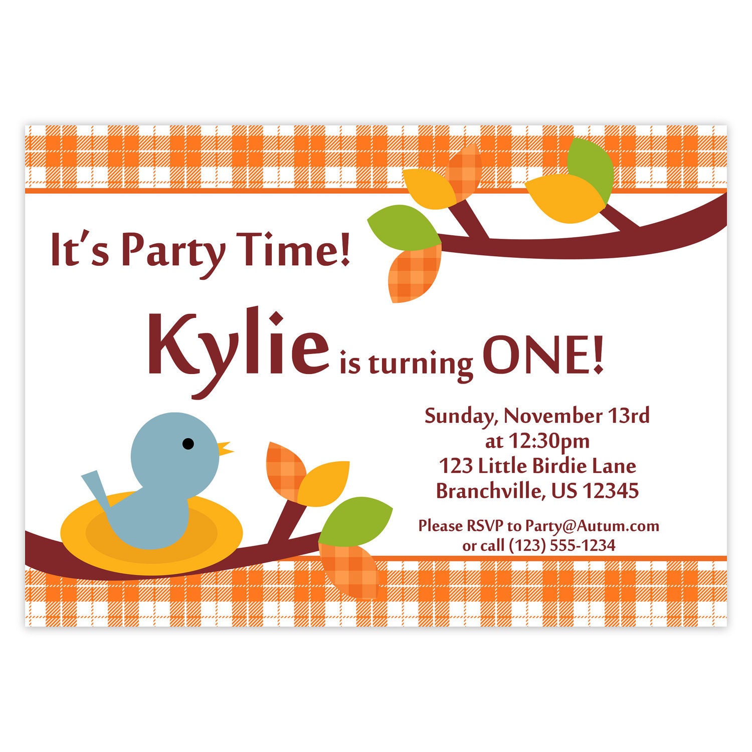 Autumn Invitation - Orange Gingham Plaid Woodland Bird Fall Personalized Birthday Party Invite - a Digital Printable File