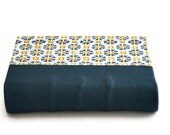 Quarter Leather Journal - Handbound on Cords - Yellow & Blue Design with Blue Leather - Hand Stitched Headband - Mothers Day Gift
