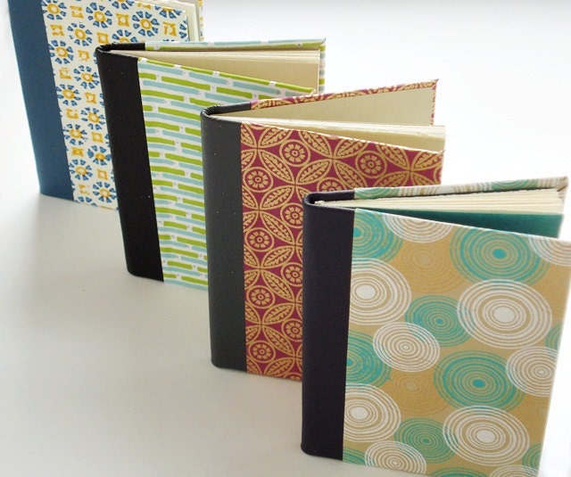Quarter Leather Jotter - First Anniversary Paper Gift - Handbound Journal - Metallic Circles in Gold & Teal with Purple Leather