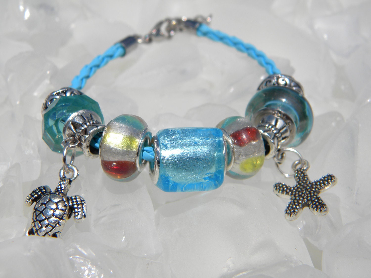 Leather & Murano Glass Bracelet - Pre-Teen/Womens Adjustable "Day at the Beach" Blue Leather w/ Murano Glass Beads and European Charms