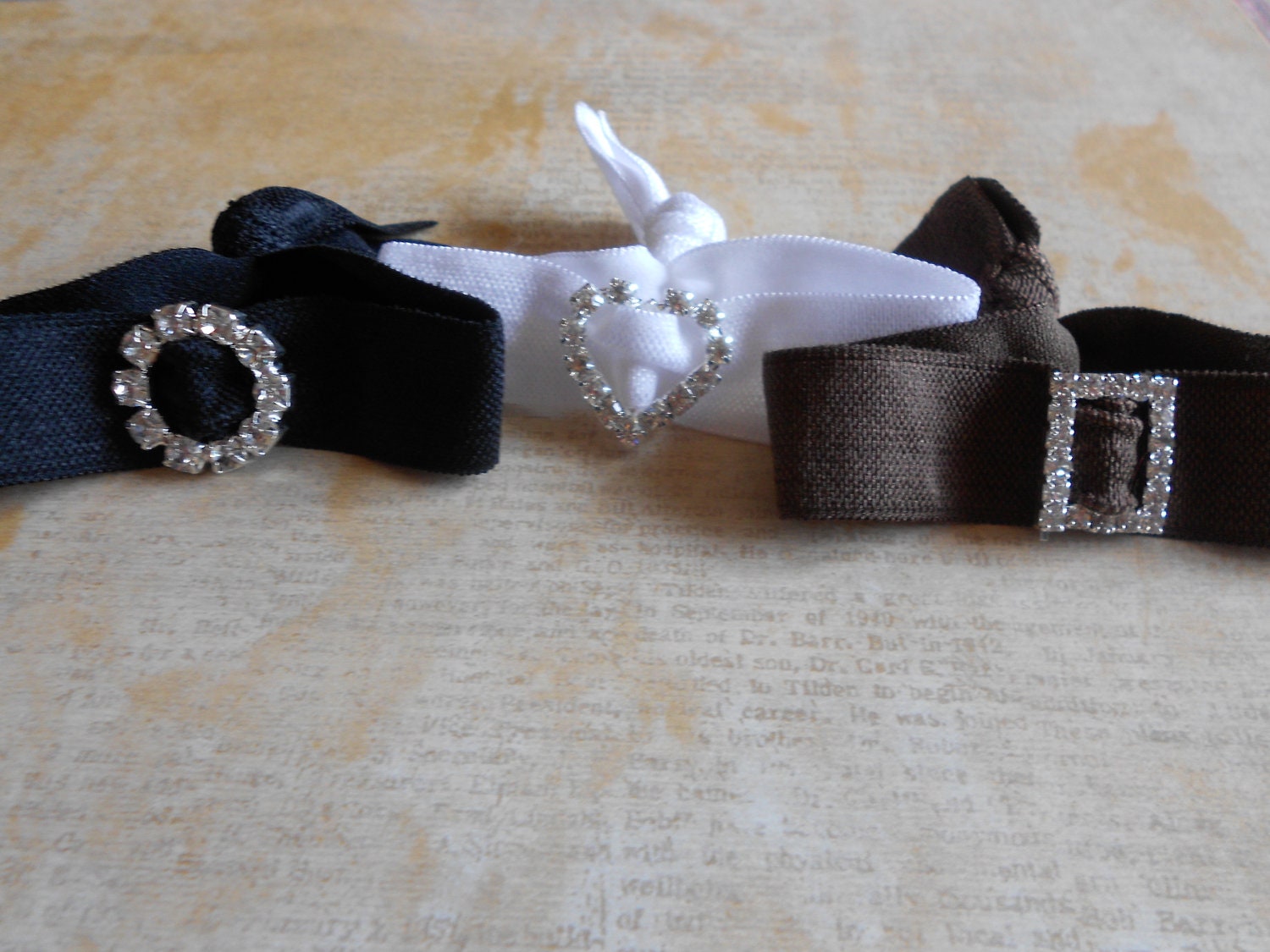 Satin Hair Tie/Bracelet with rhinestone-Black,White,Chocolate-Set of 3