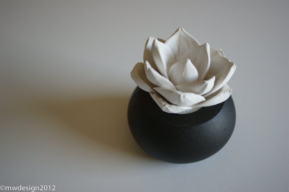 White Succulent Sculpture in Modern Round Container, Desktop Accessory, Tabletop Centerpiece