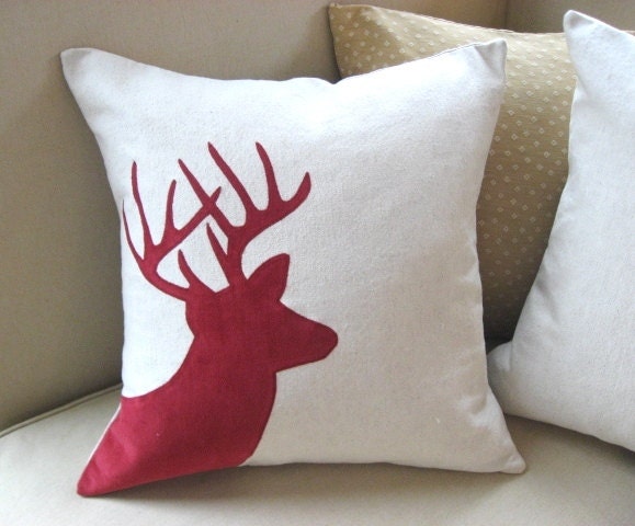 Holiday Winter Woodland Buck Deer Antler Silhouette Pillow Cover, Flax & Christmas Red Corduroy 20 x 20 - Rustic Modern MADE TO ORDER - VixenGoods