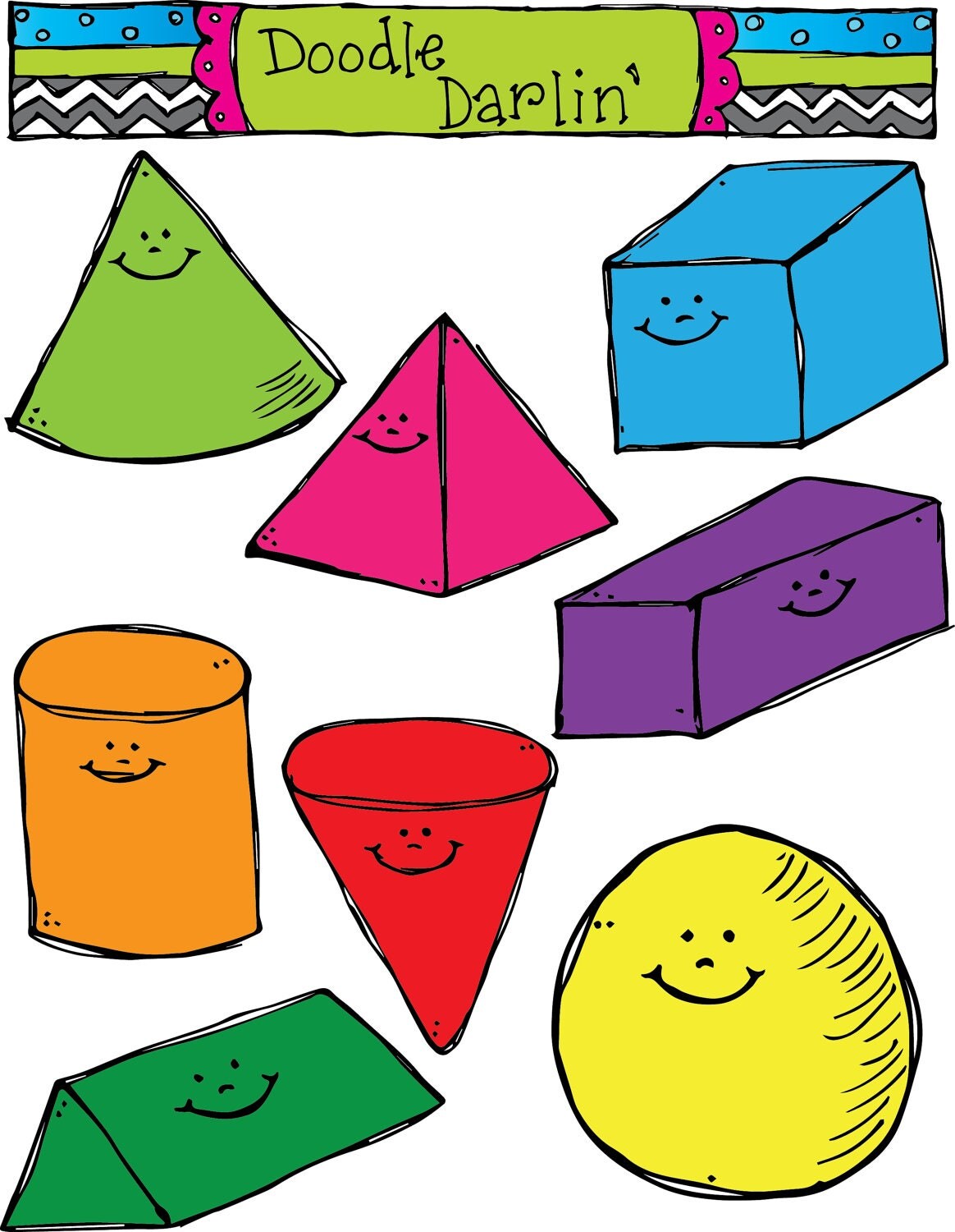 3D Smiling Shapes Clipart Set INSTANT DOWNLOAD By DoodleDarlin