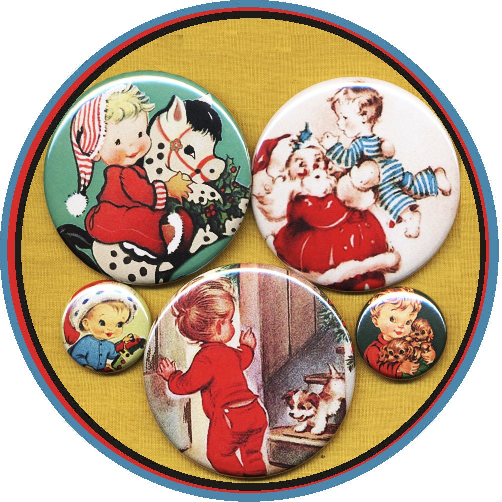 5 vintage cute CHRISTmAS boys MIXED SIZE set 1 inch AND 2.25 aka 2 1/4 inch buttons