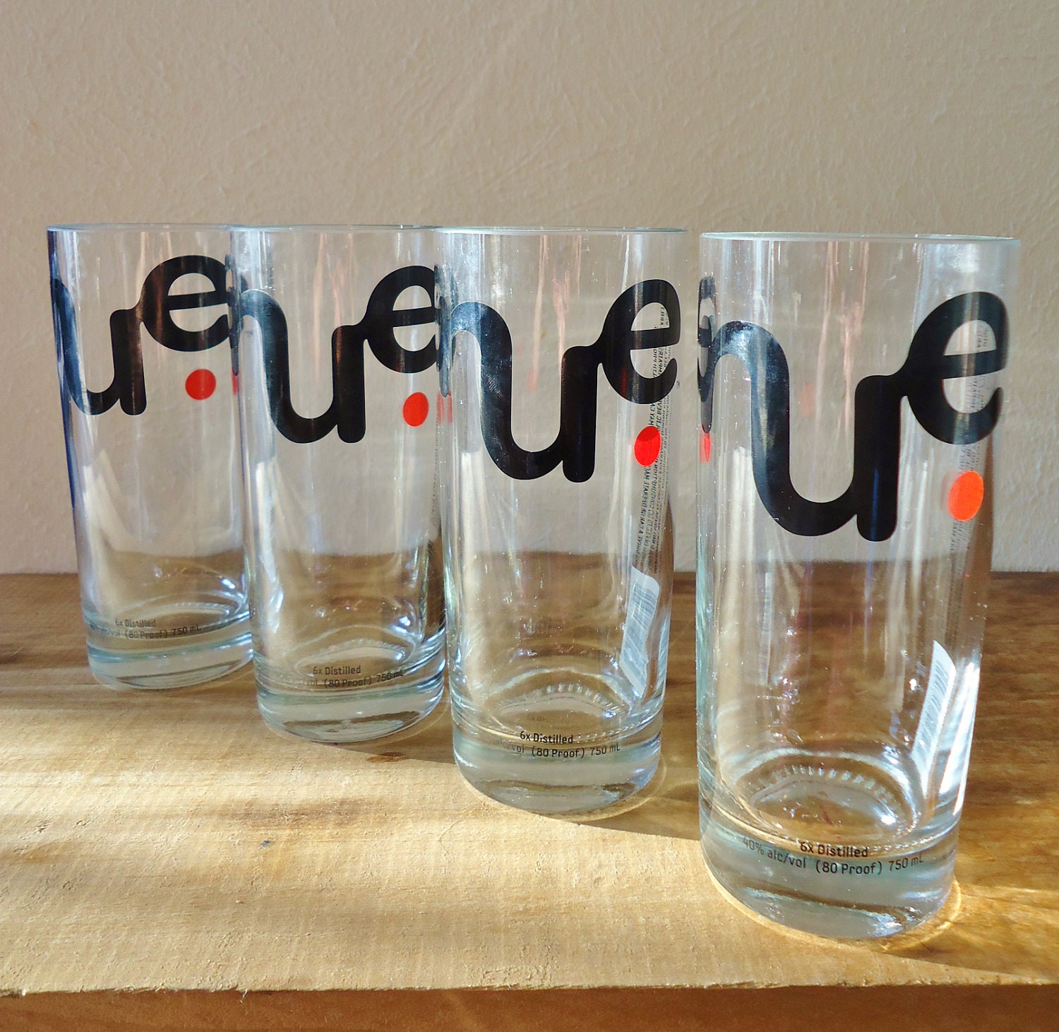 REDUCED Recycled Nue Vodka Drinking Glasses made from Nue Vodka Bottles Set of 4