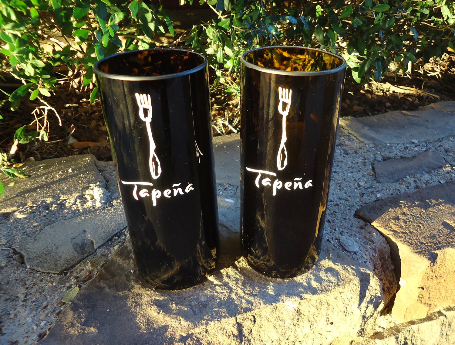 Recycled Wine Bottle Glasses made from Tapena Spanish Wine Bottles Set of 2