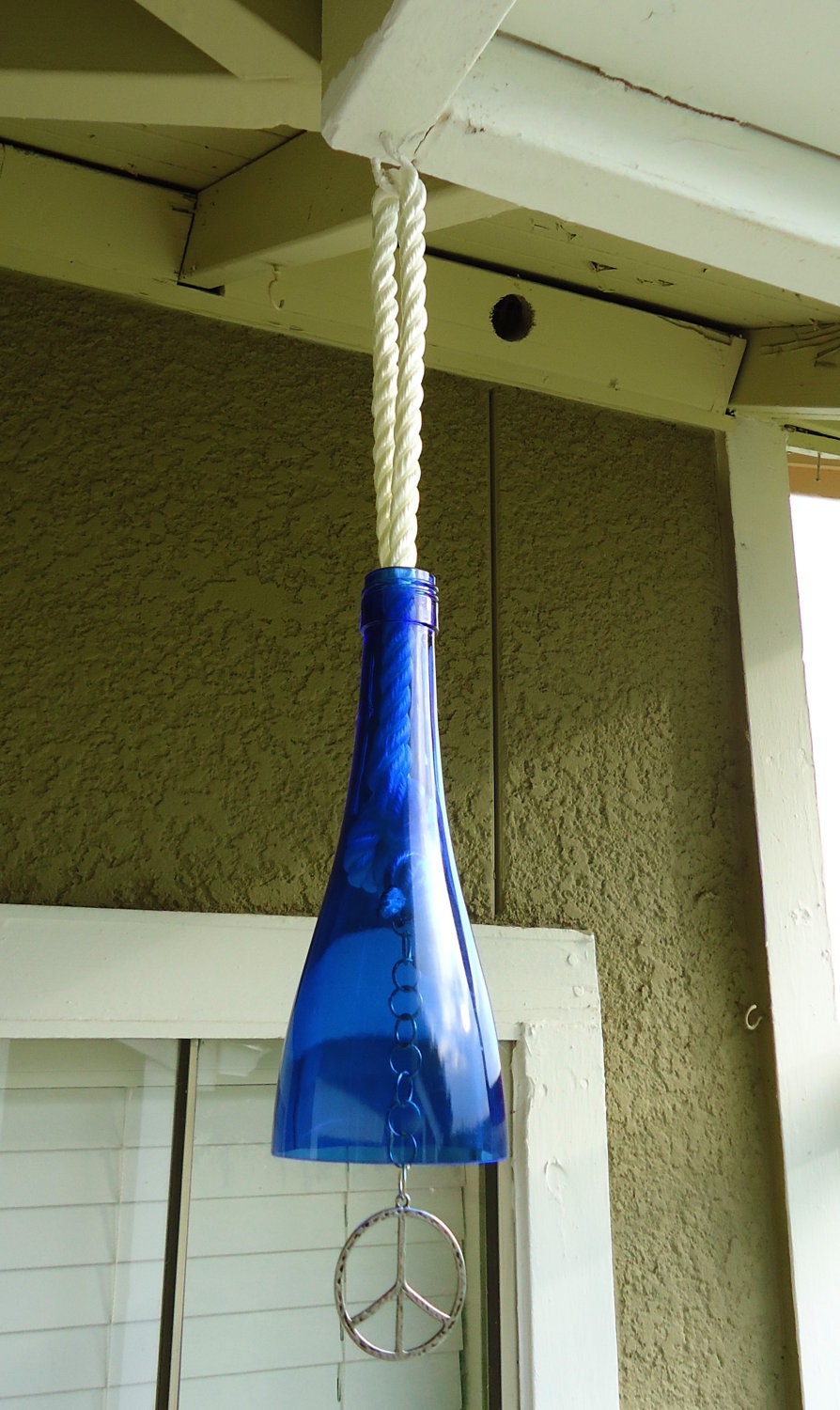 Peace Wind Chime made from an Upcycled Cobalt Blue Wine Bottle