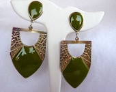 Vintage Green Enamel and Silver tone Dangling Shield Pierced Earrings