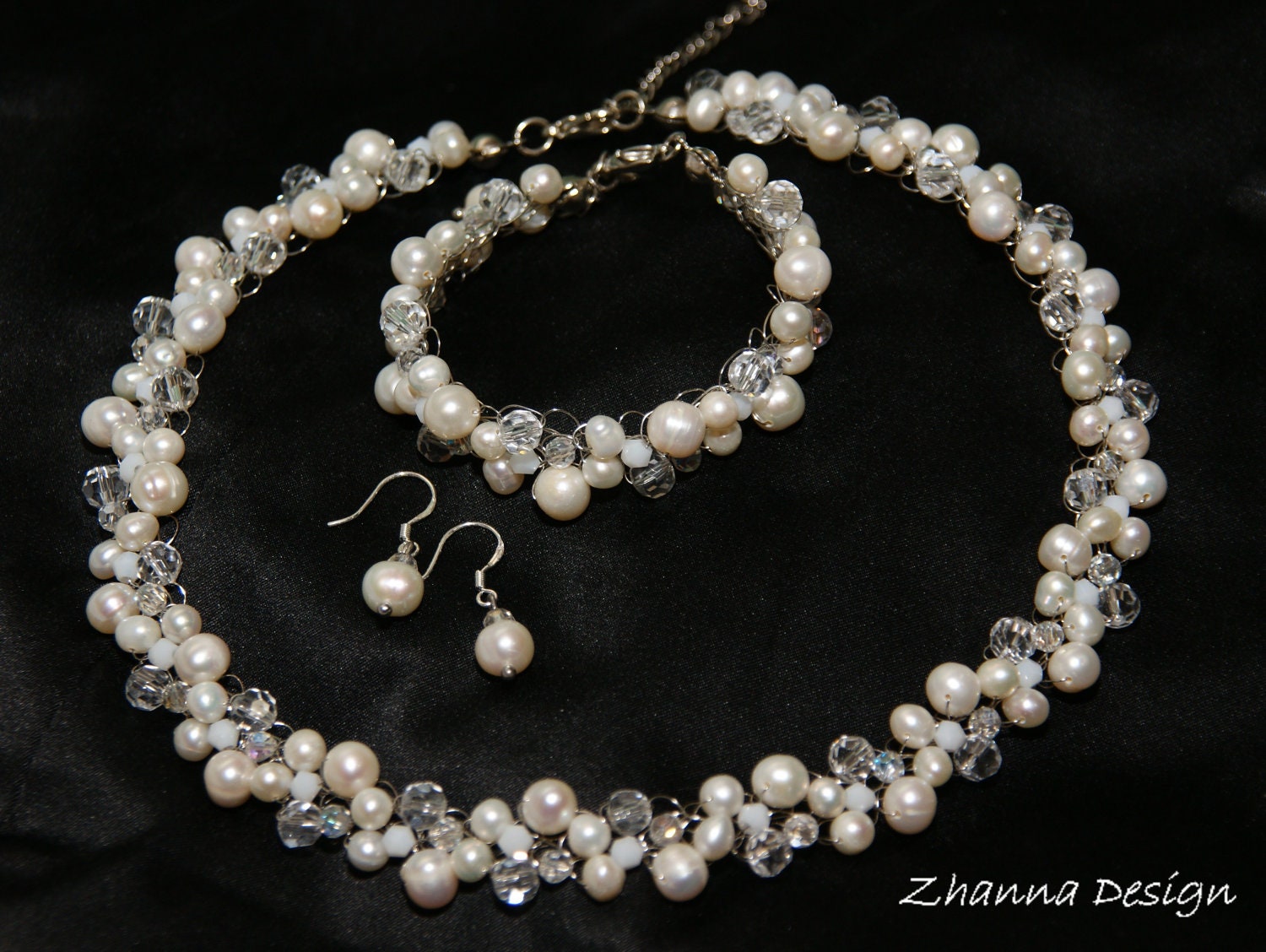 White Bridal Jewelry Crochet Set(necklace,bracelet,earrings) with white freshwater pearls,swarovski crystals handmade by Zhanna Design