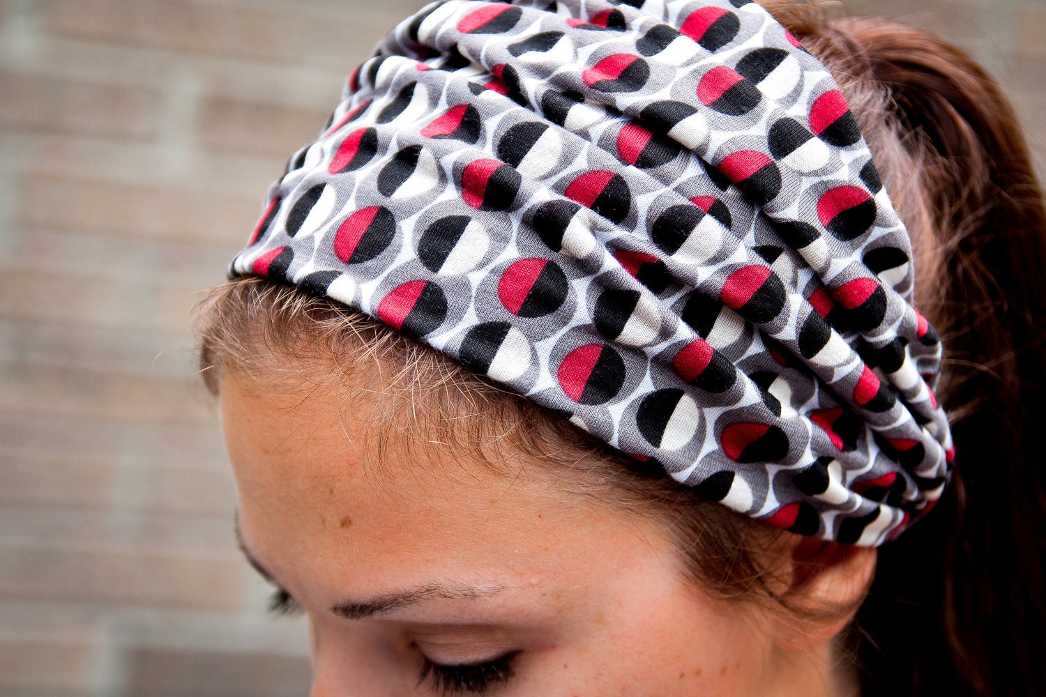 Headband - modern Geo print, "Black, Gray and Red", stretchy fabric headband, women's turban headscarf