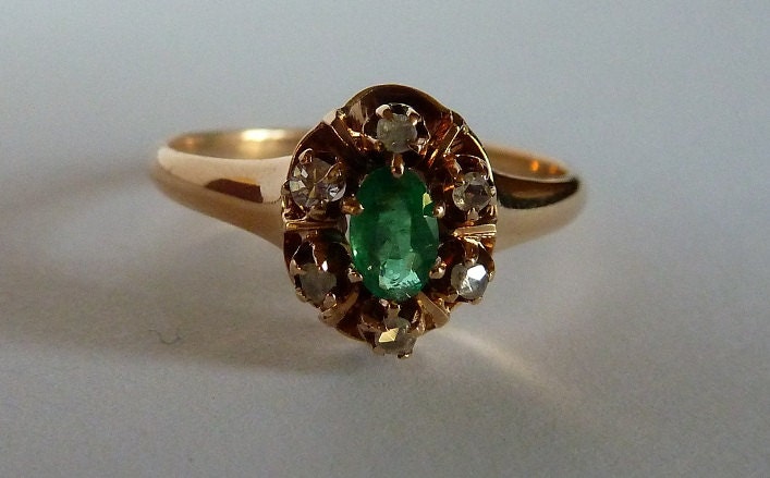 Gorgeous Antique Victorian Natural Emerald and Rose Cut Diamond Cluster Ring, 14K